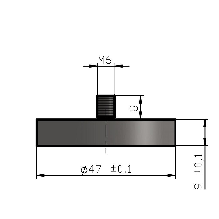 Magnet oală cu coadă, diam. 47 x înălțime 9 mm cu filet exterior M6, înălțime filet 8 mm [5]