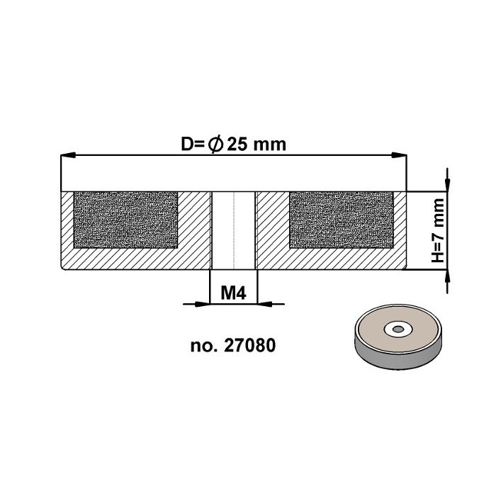Magnet oală diam. 25 x înălțime 7 mm cu filet interior M4-6H [3]