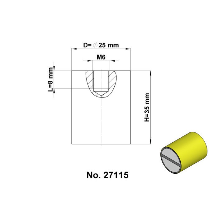 Oală magnetică din alamă cu toleranță h6 diam. 20 x înălțime 25 mm cu filet interior M6, lungime file 6 mm [3]