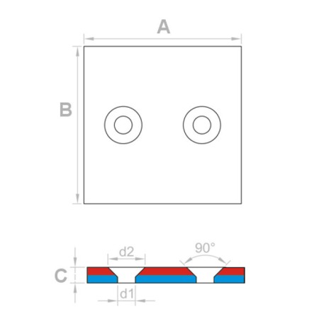 Magnet neodim bloc cu orificiu pentru şurub cu cap înecat 40 x 40 x 4 N 80 °C, VMM4-N35 [2]