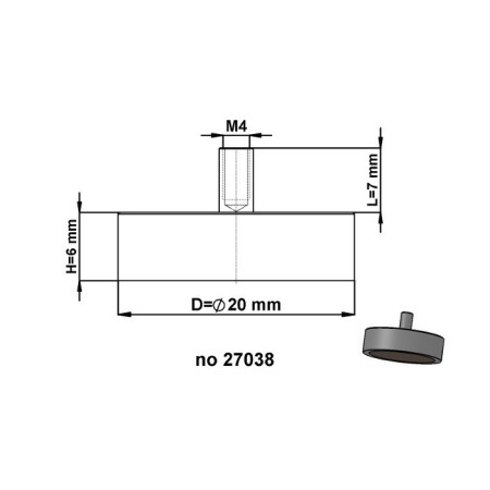 Magnet oală cu coadă, diam. 20 x înălțime 6 mm cu filet interior M4, înălțime filet 7 mm, magnet SmCo [2]