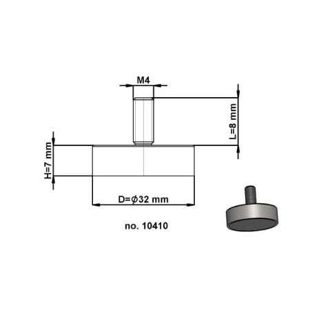 Magnet oală cu coadă, diam. 32 x înălțime 7 mm cu filet exterior M4, înălțime filet 8 mm [2]