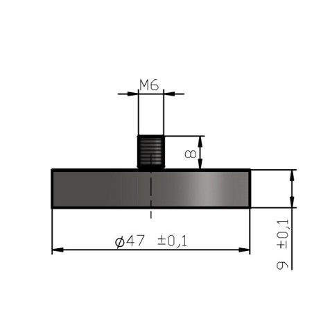 Magnet oală cu coadă, diam. 47 x înălțime 9 mm cu filet exterior M6, înălțime filet 8 mm [4]