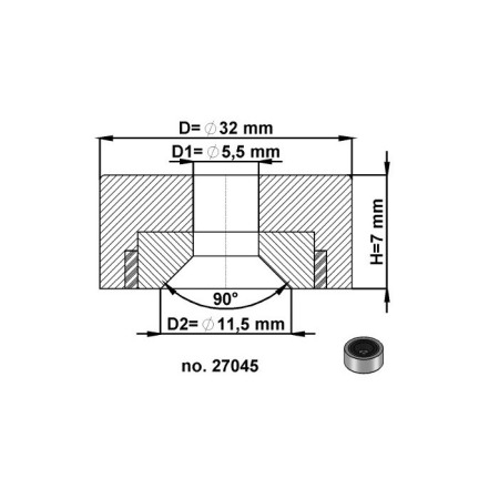 Magnet oală diam. 32, înălțime 7 mm, cu gaură pentru șurub cu cap înecat diam. 5,5 – 27 g, 72 N [2]