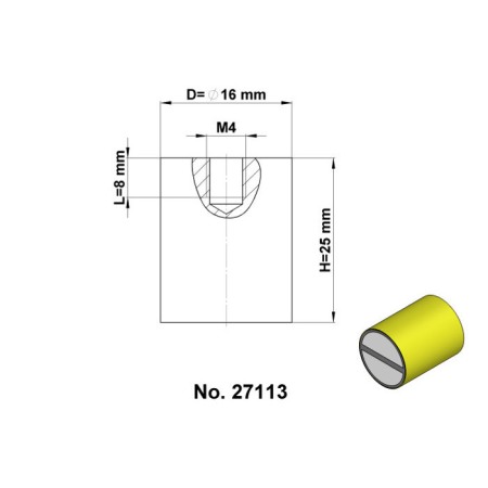 Oală magnetică din alamă cu toleranță h6 diam. 16 x înălțime 25 mm cu filet interior M4, lungime file 8 mm [1]