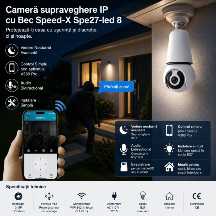 Cameră supraveghere IP cu Bec Speed-X Spe27-led 8, vedere nocturnă, Wifi, cu aplicația V380 Pro [2]