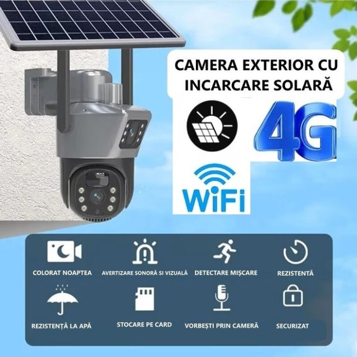 Cameră supraveghere WiFi solară 4K Ultra HD cu slot SIM, senzor mișcare, lentile duble, exterior [2]