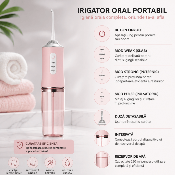 Irigator oral profesional pentru duș bucal,  4 capete curațare anti-tartru, rezervor 220 ml, roz pastel [2]