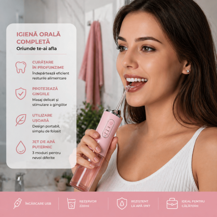 Irigator oral profesional pentru duş bucal, 4 capete de curăţare anti-tartru, rezervor 200 ml, Alb [3]