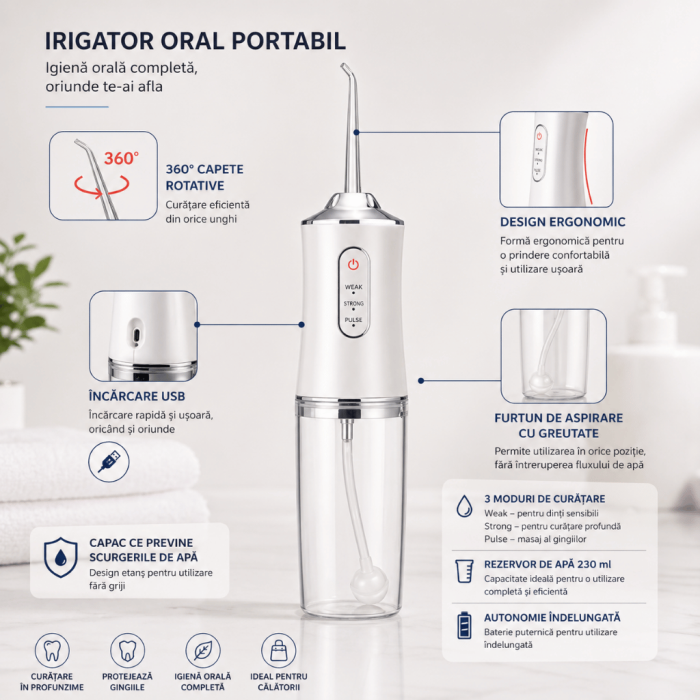 Irigator oral profesional pentru duş bucal, 4 capete de curăţare anti-tartru, rezervor 200 ml, Verde [2]