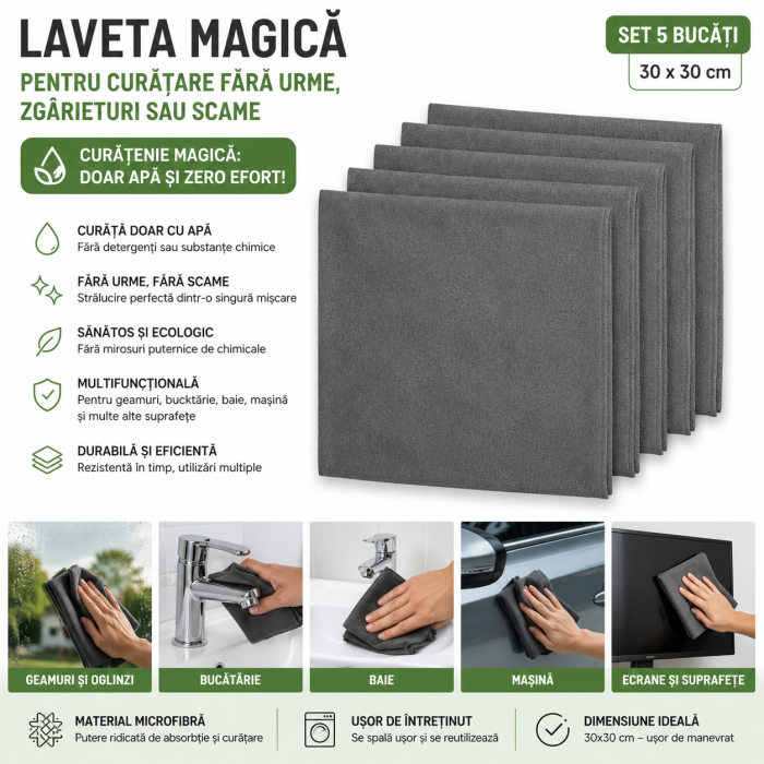 Laveta Magică din microfibră pentru curățare fără urme – Set 5 bucăți, 30x30 cm, Gri [2]