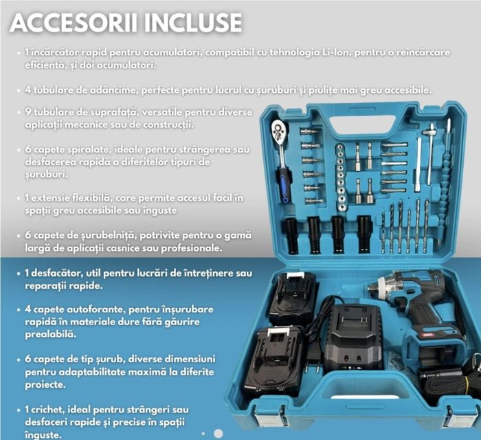 Mașină de înșurubat cu impact, 48V, 2 acumulatori 5.0Ah, 520Nm, 37x29x11cm,  4.285kg, set complet cu accesorii și geantă de transport [2]