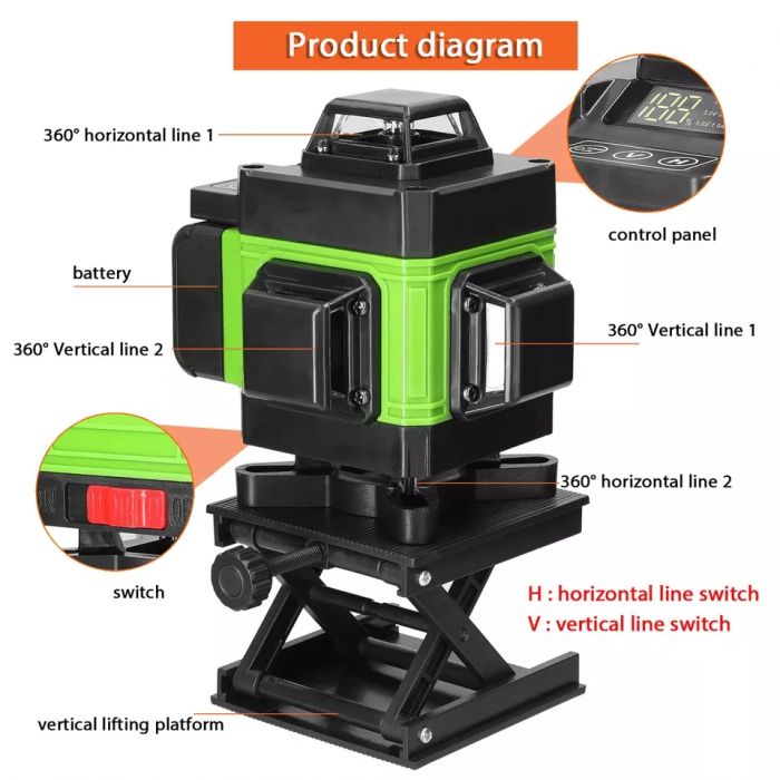 Nivelă laser 4D cu 16 linii, autonivelare, 2 acumulatori, lumină verde, trepied 150 cm , telecomandă, platformă [4]
