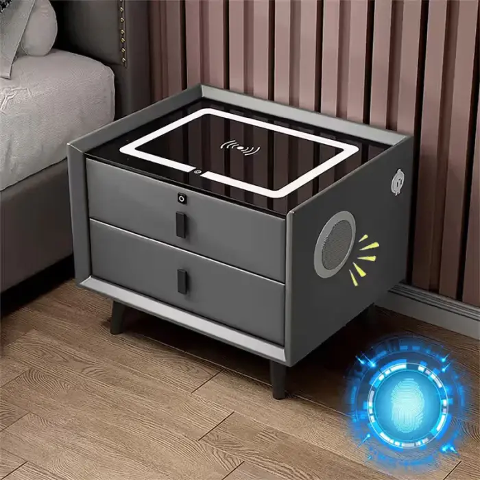 Noptieră inteligentă cu 2 sertare, încarcare Wireless, iluminare LED, Difuzor Bluetooth, Port USB  type-C  Gri antracit/Negru [1]