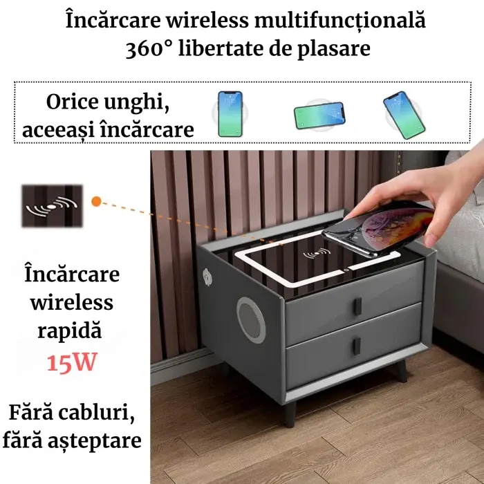 Noptieră inteligentă cu 2 sertare, încarcare Wireless, iluminare LED, Difuzor Bluetooth, Port USB  type-C  Gri antracit/Negru [4]