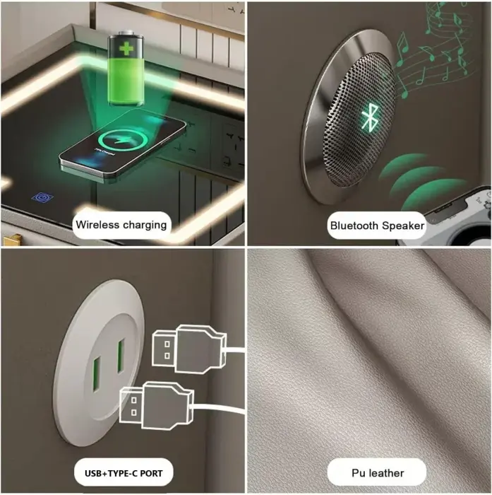 Noptieră inteligentă cu 2 sertare, încarcare Wireless, iluminare LED, Difuzor Bluetooth, Port USB  type-C  Gri antracit/Negru [6]