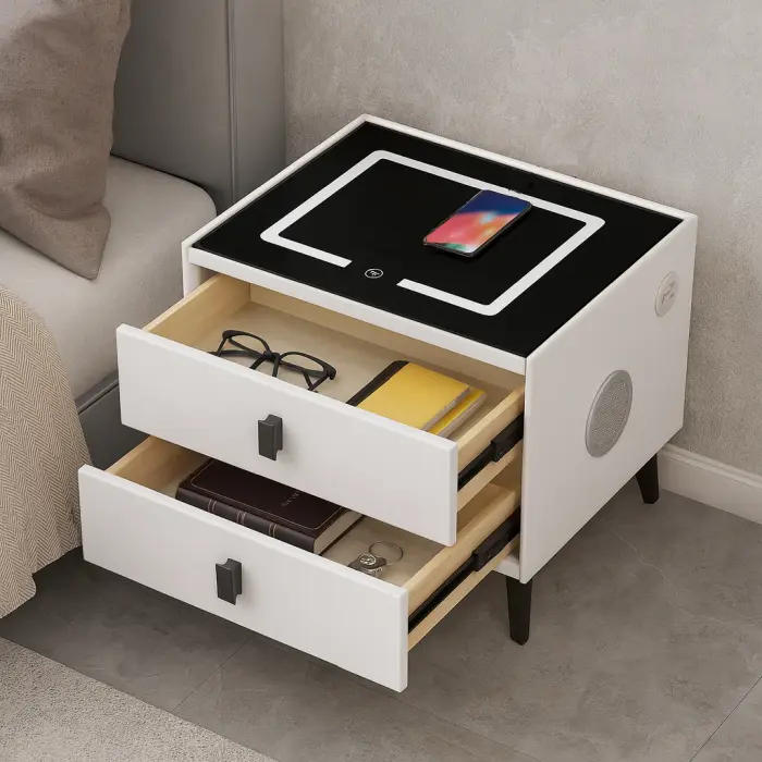 Noptieră inteligentă cu 2 Sertare, încarcare Wireless,iluminare LED, difuzor Bluetooth, port USB  type-C  Ivory/Negru [2]