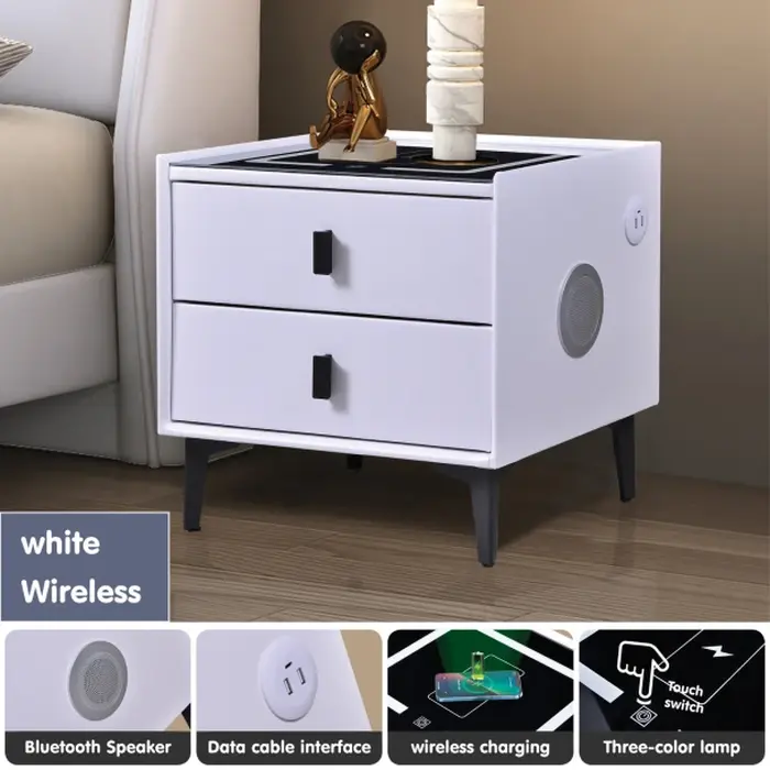 Noptieră inteligentă cu 2 Sertare, încarcare Wireless,iluminare LED, difuzor Bluetooth, port USB  type-C  Ivory/Negru [5]