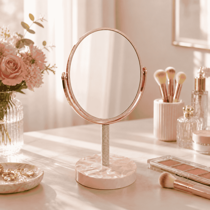 Oglindă cosmetică de masă cu lupă 4X,design elegant cu picior decorativ - Roz [2]