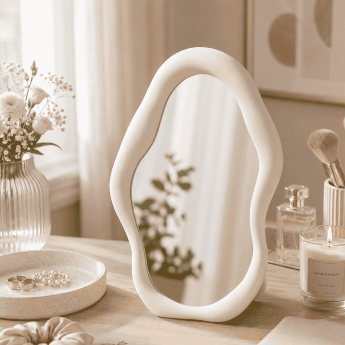Oglindă decorativă asimetrică pentru machiaj și decor, design modern - Ecru [2]
