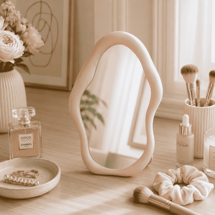 Oglindă decorativă asimetrică pentru machiaj și decor, design modern - Roz [2]