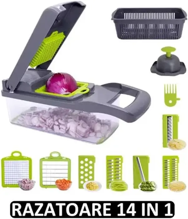 Răzătoare multifuncțională Veggie Slicer 14 piese, gri/verde, pentru feliere și mărunțire legume și fructe [4]