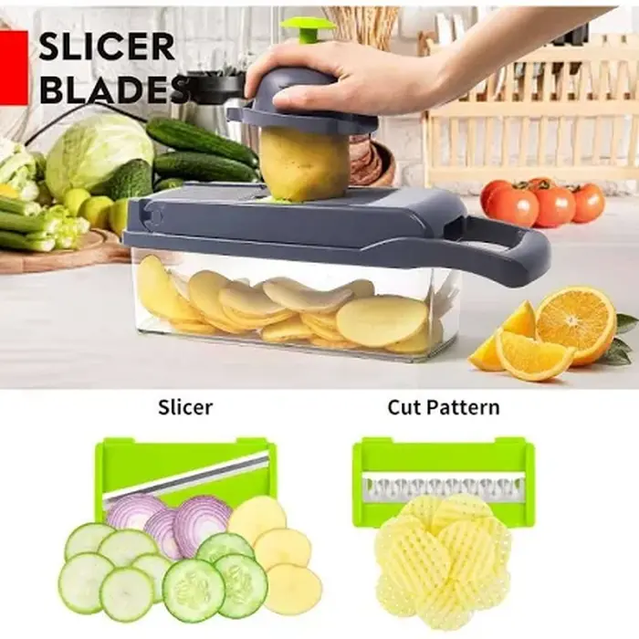 Răzătoare multifuncțională Veggie Slicer 14 piese, gri/verde, pentru feliere și mărunțire legume și fructe [3]