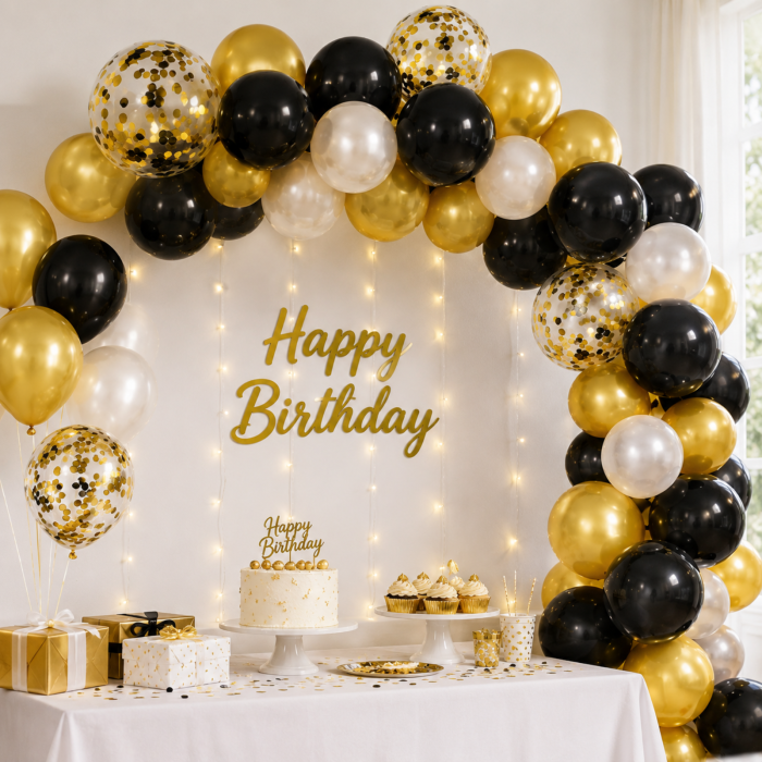 Set arcadă baloane auriu, negru și alb cu confetti – 41 Piese [3]