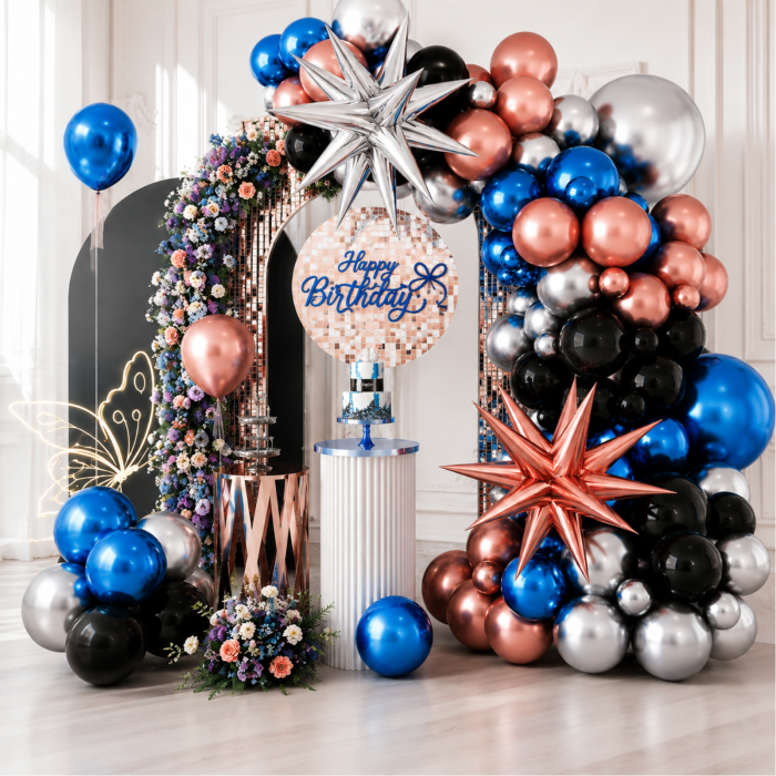 Set arcadă baloane cromate albastru, negru, argintiu și rose gold – 56 piese [2]