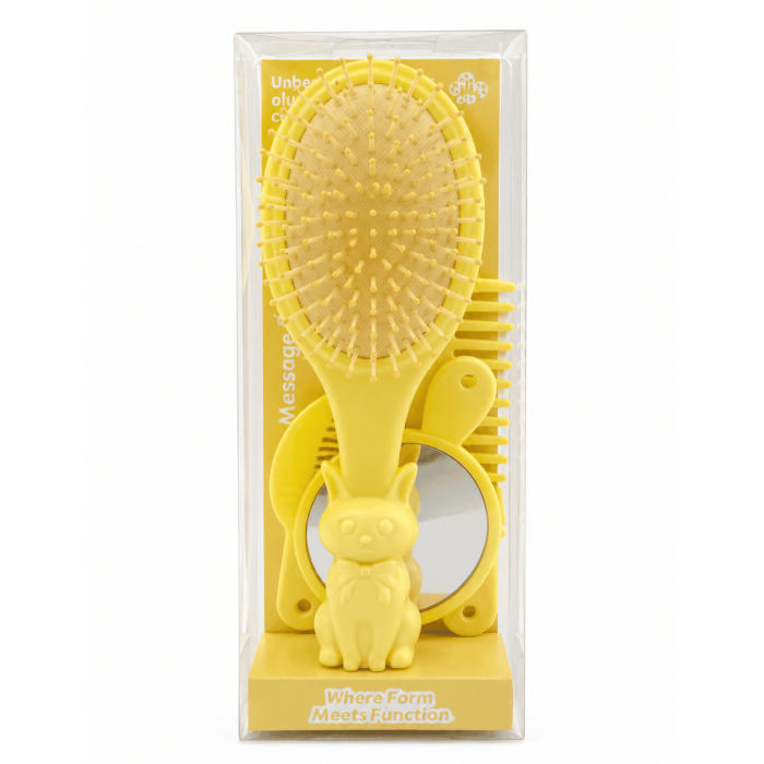 Set perie păr copii Bunny Care 4 în 1, cu oglindă și piepteni, design iepuraș - Galben [2]