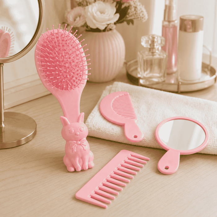 Set perie păr copii Bunny Care 4 în 1, cu oglindă și piepteni, design iepuraș - Roz [3]