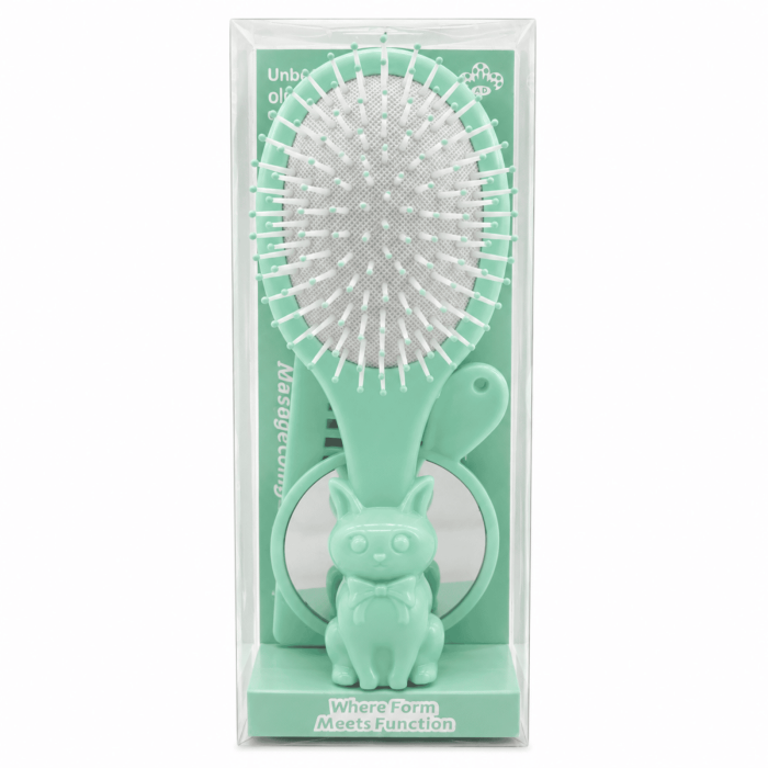 Set perie păr copii Bunny Care 4 în 1, cu oglindă și piepteni, design iepuraș - Verde [2]