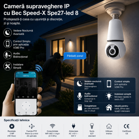 Cameră supraveghere IP cu Bec Speed-X Spe27-led 8, vedere nocturnă, Wifi, cu aplicația V380 Pro [1]