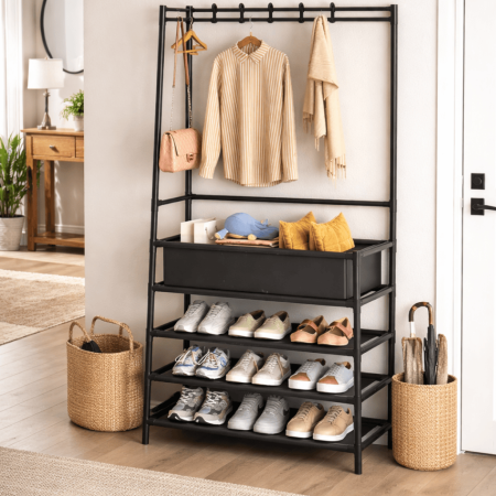 Curăţenie & Organizare locuinţă - Cuier metalic cu 4 rafturi, organizator pentru haine și încălțăminte, 60x28x154 cm