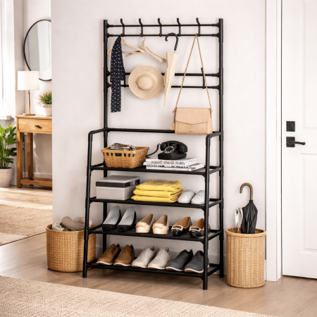 Curăţenie & Organizare locuinţă - Cuier metalic cu 4 rafturi, organizator pentru haine și încălțăminte, 60x29,5x154 cm