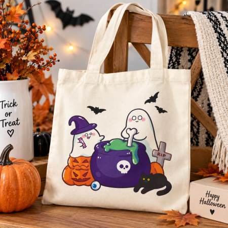 Accesorii petrecere - Geantă tote din bumbac cu imprimeu Halloween – Model 1