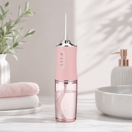 Ingrijire personală - Irigator oral profesional pentru duș bucal,  4 capete curațare anti-tartru, rezervor 220 ml, roz pastel