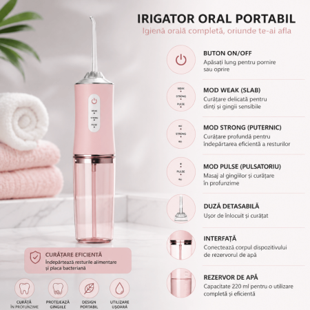 Irigator oral profesional pentru duș bucal,  4 capete curațare anti-tartru, rezervor 220 ml, roz pastel [1]