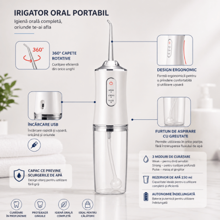 Irigator oral profesional pentru duş bucal, 4 capete de curăţare anti-tartru, rezervor 200 ml, Alb [1]