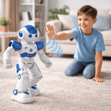 Jucărie robot smart, interactivă, cu control prin gesturi sau telecomandă, programabilă, cu lumini LED, sunete și melodii, [1]