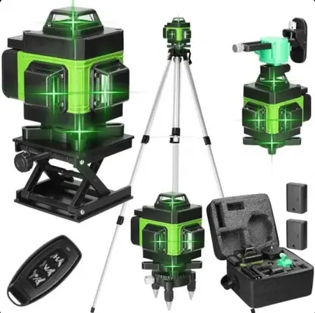 Bricolaj & Gradină - Nivelă laser 4D cu 16 linii, autonivelare, 2 acumulatori, lumină verde, trepied 150 cm , telecomandă, platformă