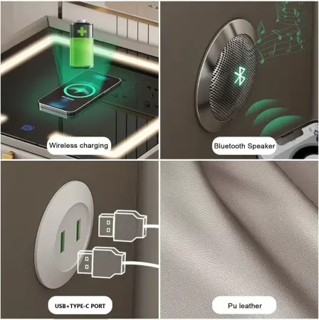 Noptieră inteligentă cu 2 sertare, încarcare Wireless, iluminare LED, Difuzor Bluetooth, Port USB  type-C  Gri antracit/Negru [5]