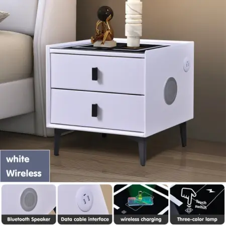 Noptieră inteligentă cu 2 Sertare, încarcare Wireless,iluminare LED, difuzor Bluetooth, port USB  type-C  Ivory/Negru [4]