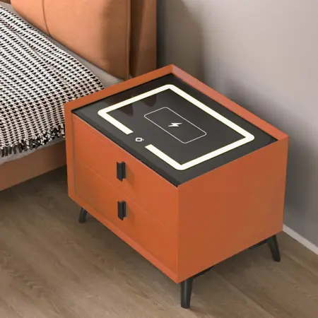 Decoratiuni casa - Noptieră inteligentă cu 2 sertare, încarcare Wireless, iluminare LED, difuzor Bluetooth, port USB  Type-C   Portocaliu /Negru