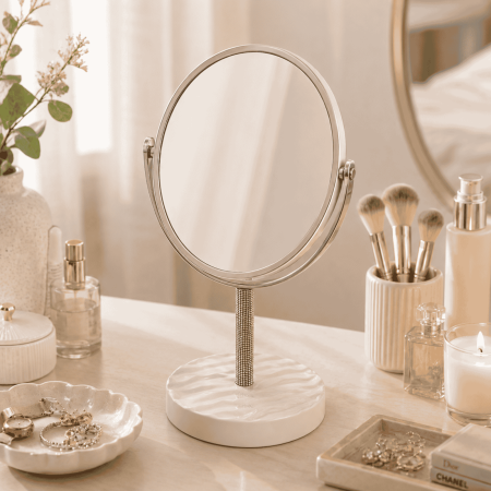 Oglindă cosmetică de masă cu lupă 4X,design elegant cu picior decorativ - Argintiu [1]