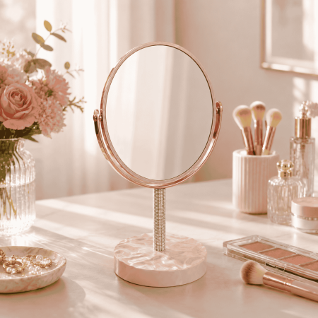 Oglindă cosmetică de masă cu lupă 4X,design elegant cu picior decorativ - Roz [1]