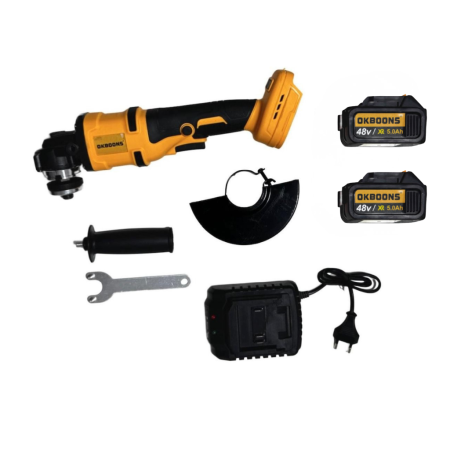 Bricolaj & Gradină - Polizor unghiular cu acumulator Li-Ion Okboons 48V, 5.0Ah, 125 mm, 2 acumulatori, încarcator, mâner și apărătoare disc