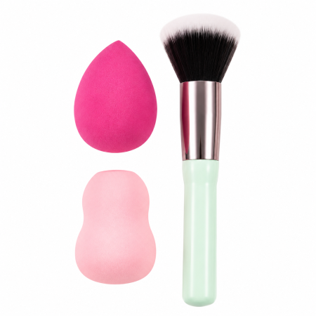 Pensule machiaj - Set 3 accesorii pentru machiaj cu pensulă și 2 bureți de estompare
