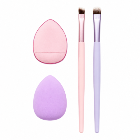 Pensule machiaj - Set 4 accesorii pentru machiaj- 2 pensule și 2 powder puff-uri
