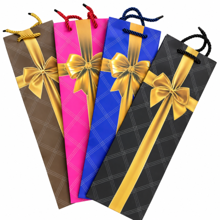 Set 4 pungi cadou pentru sticlă 12×35×9 cm – Fundă aurie, diverse culori [1]